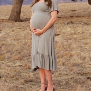 Medium Light Olive Smocked V-Neck Maternity Midi Dress